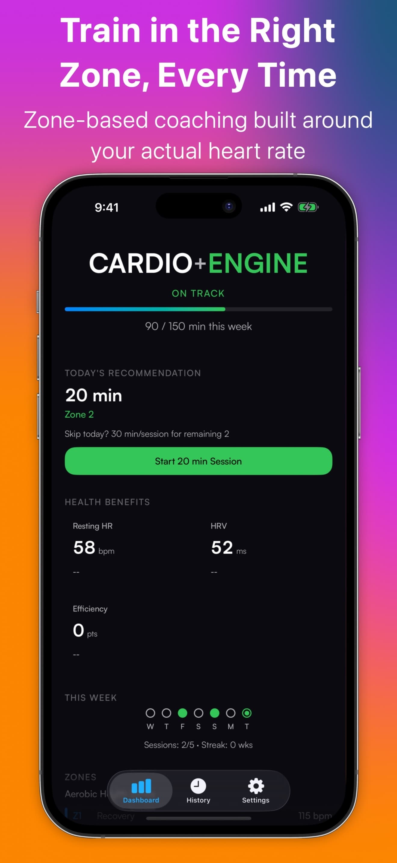CardioEngine Dashboard — zone-based coaching built around your actual heart rate