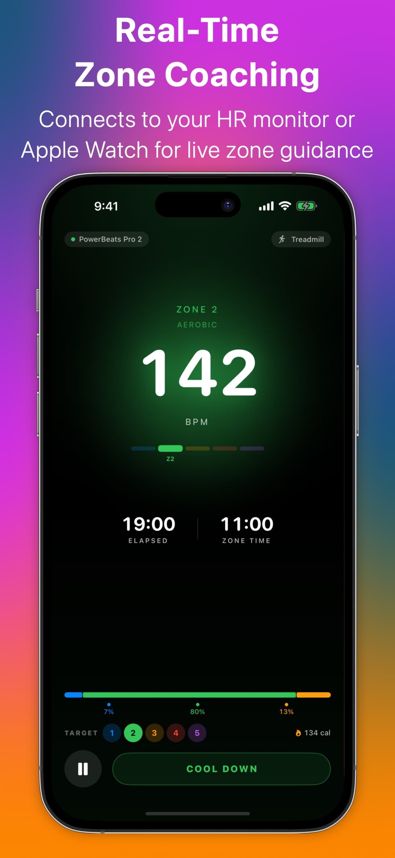 CardioEngine Live Workout — real-time zone coaching with HR monitor connected