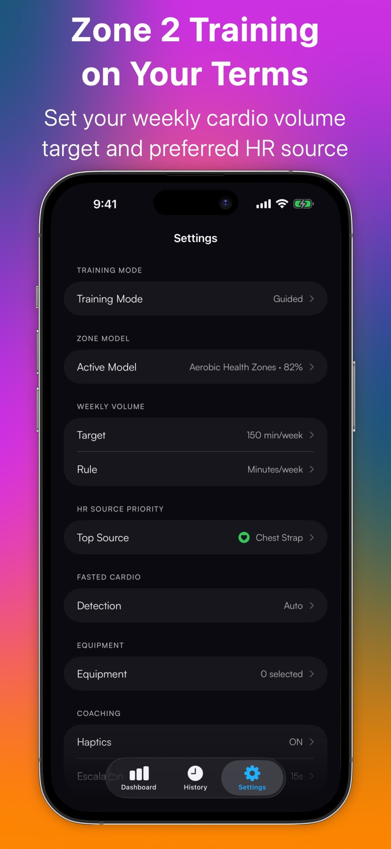 CardioEngine Settings — training mode, zone model, weekly volume target, HR source priority
