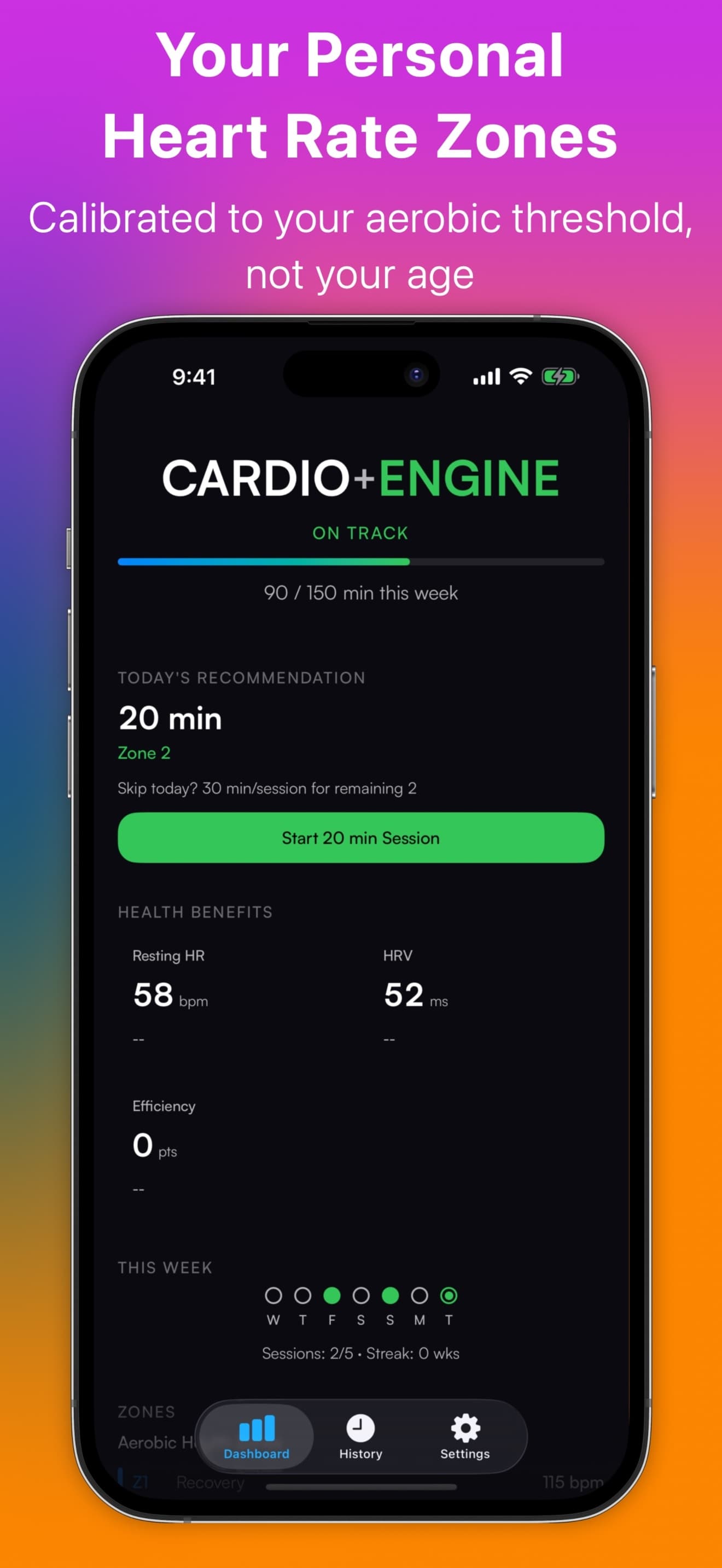 CardioEngine Zone Profile — personalized heart rate zones calibrated to your aerobic threshold