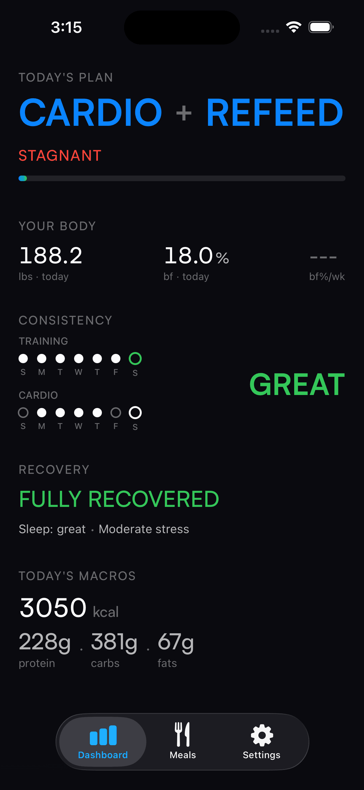 CutEngine Dashboard showing daily plan, body metrics, recovery status, and macro targets
