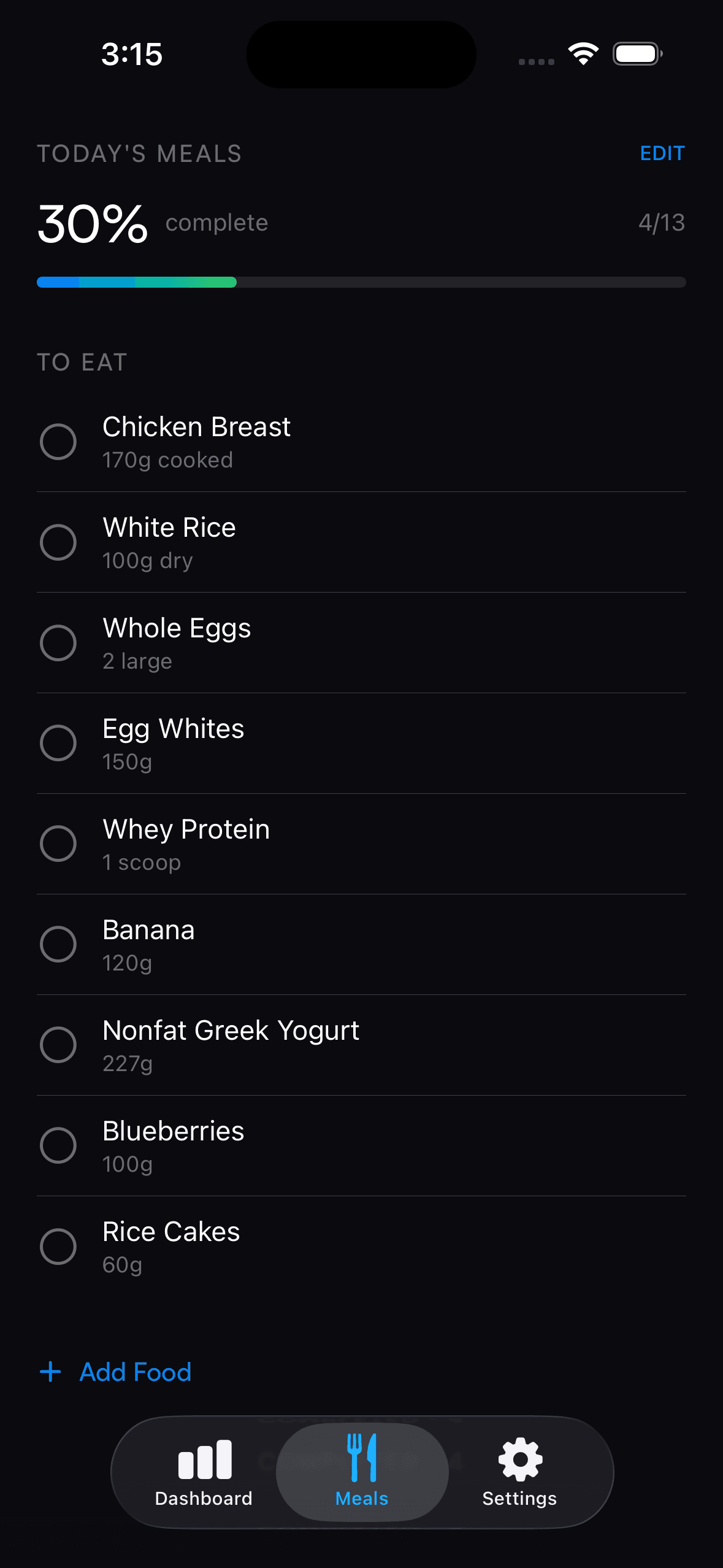CutEngine Meals — today's meal checklist with food items and completion tracking