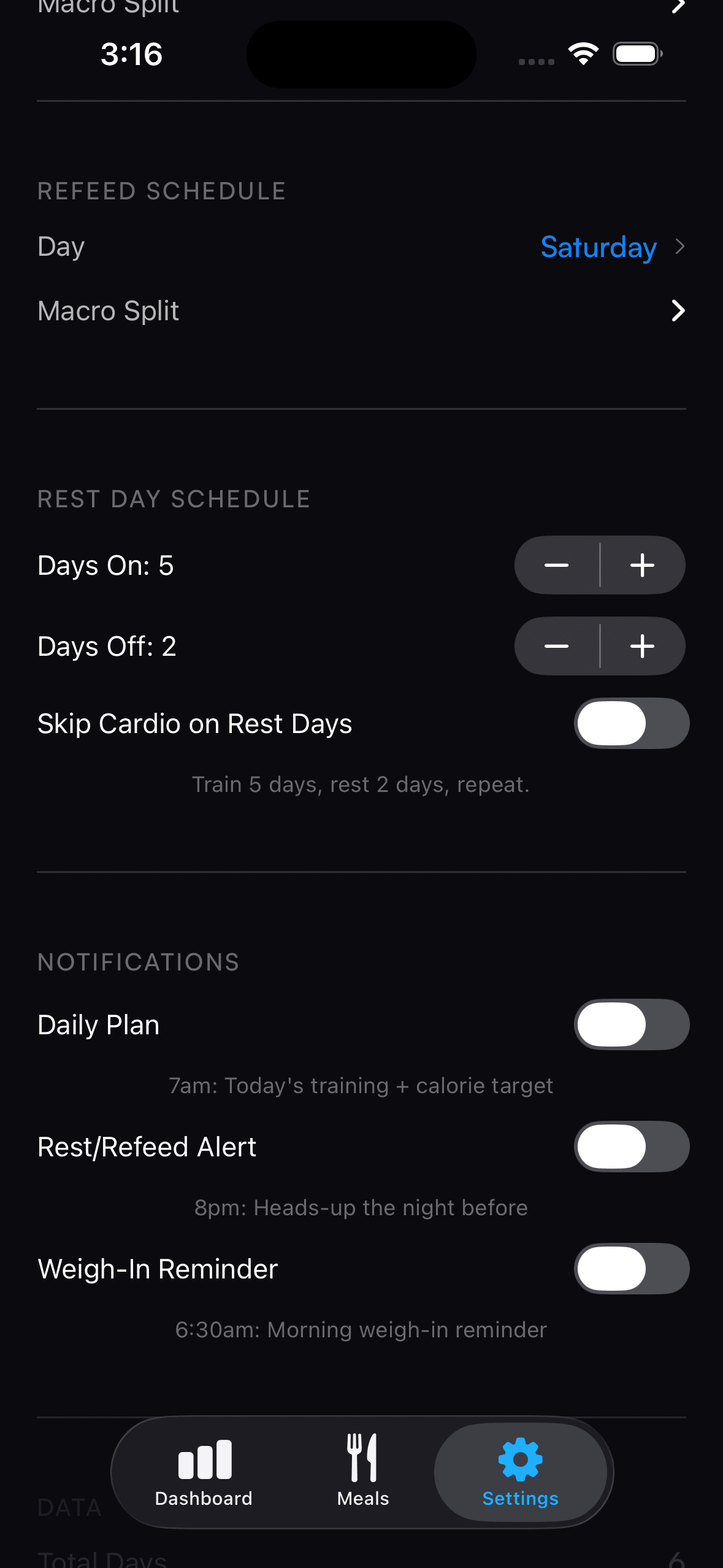 CutEngine Settings — refeed schedule, rest day configuration, and notification preferences